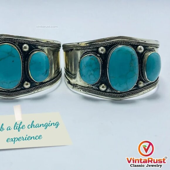 Single Tribal Stones Boho Cuff, Afghan Kuchi Ethnic Bracelet, Handmade Cuff - Picture 4 of 6